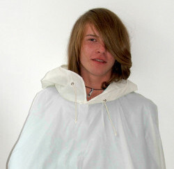 Shower in white poncho