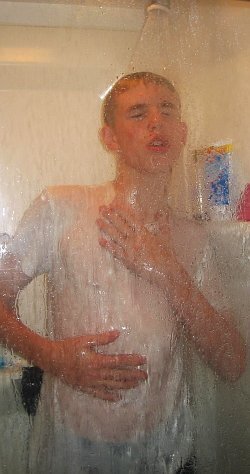 Shower in white T-shirt