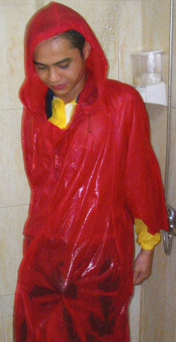 wet poncho cape under shower