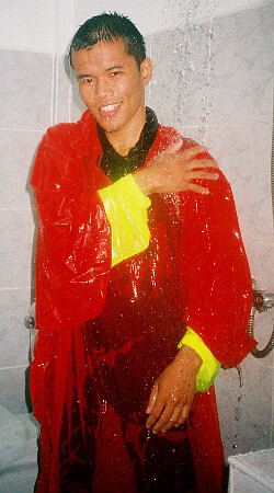 wet poncho cape under shower